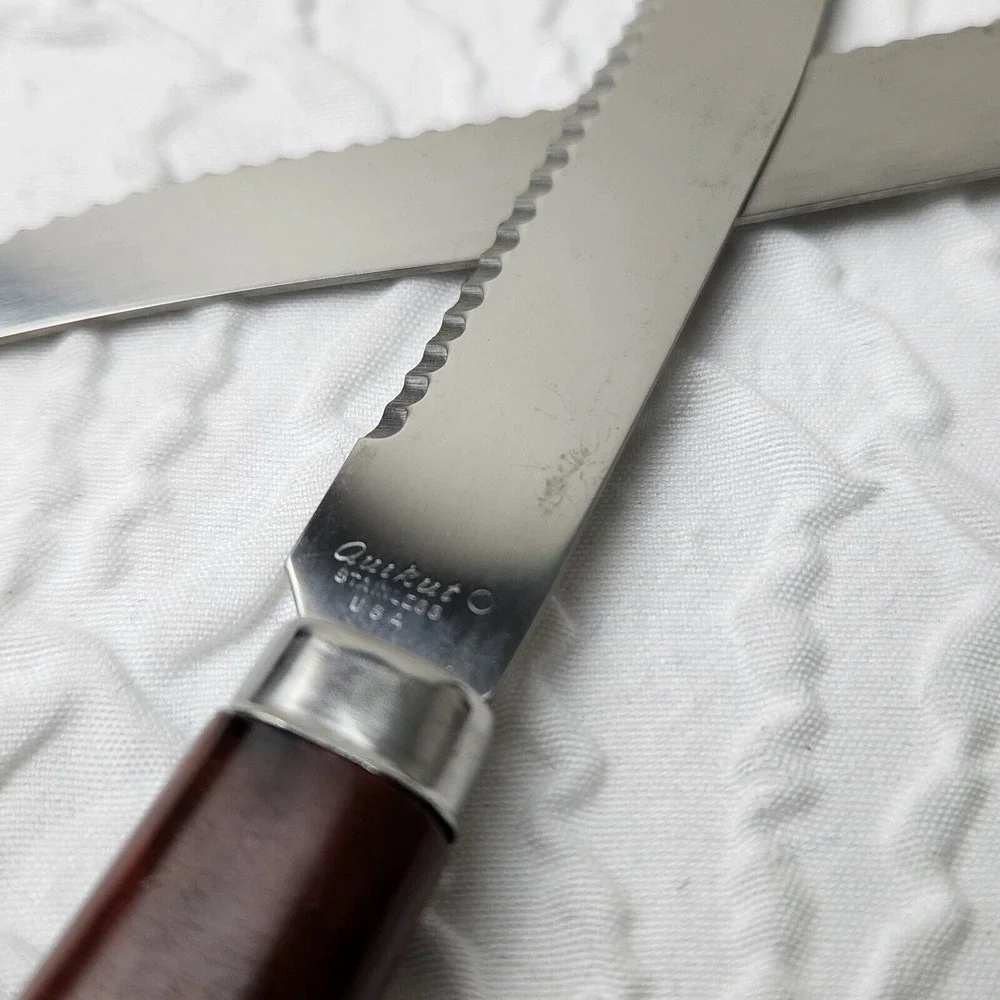 Quikut QUIKKLE Set Of 2 Stainless Steel Steak Knifes Brown Handle Vintage